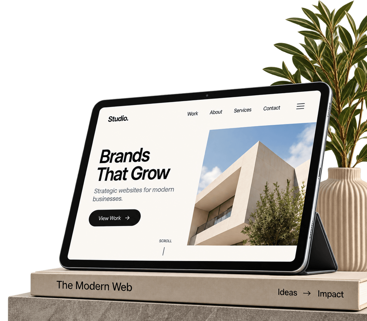 StackStich Website Mockup on Tablet and Modern Web Books