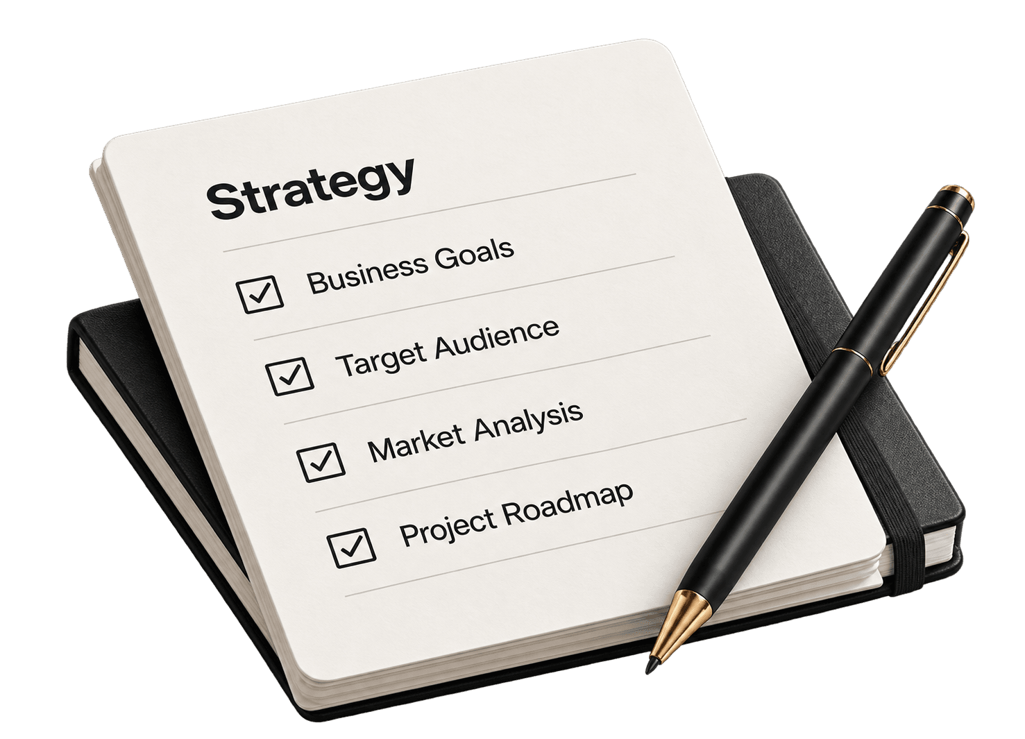 Strategy document with checklist and black fountain pen