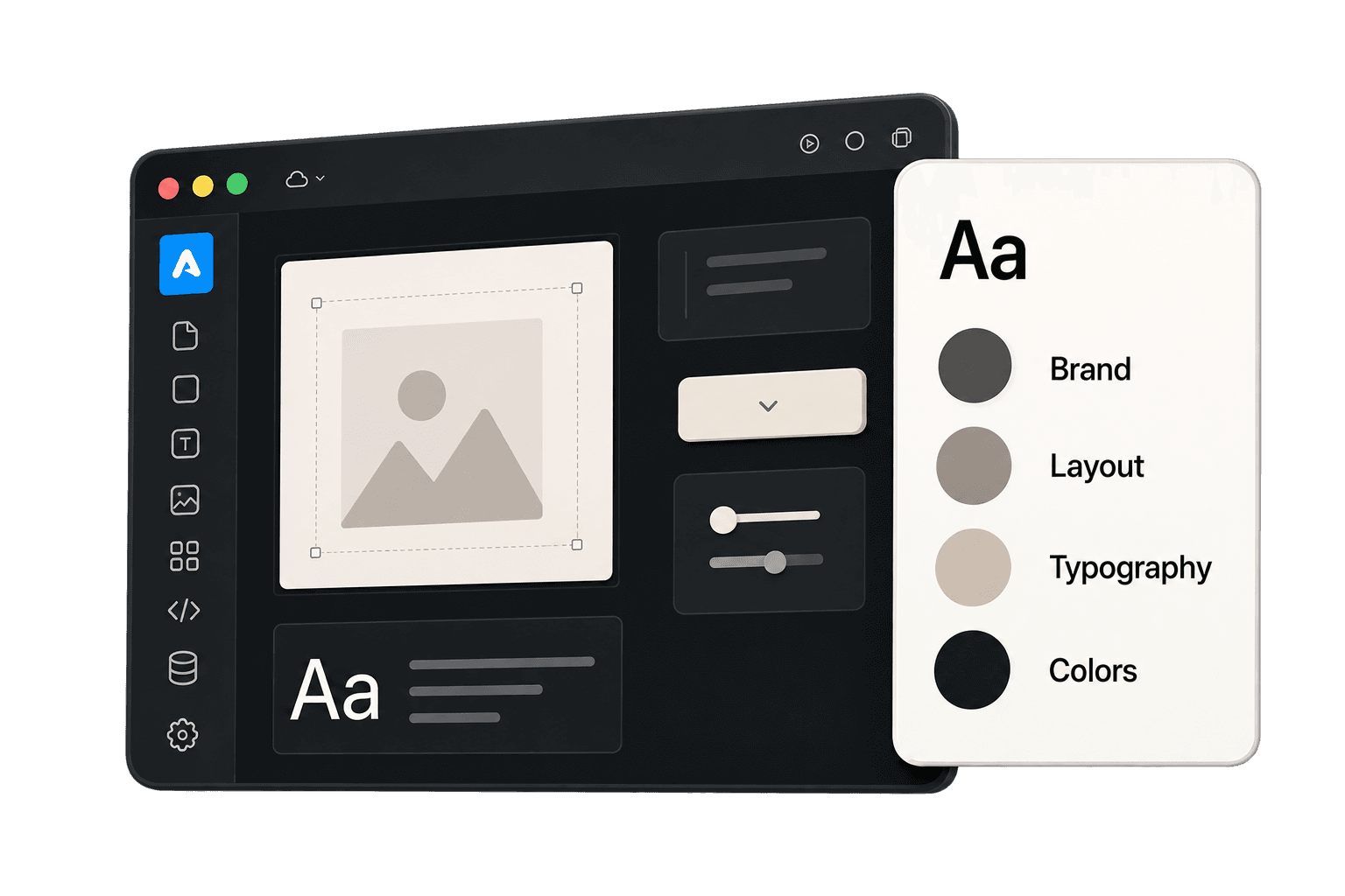 UI design canvas with wireframe artboard and design token card