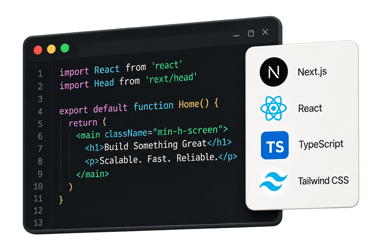 Dark code editor with syntax highlighting and tech stack badges
