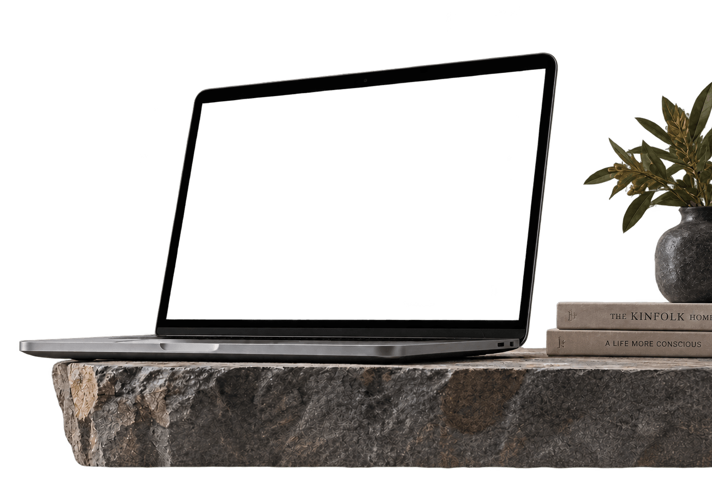 Laptop on stone table mockup